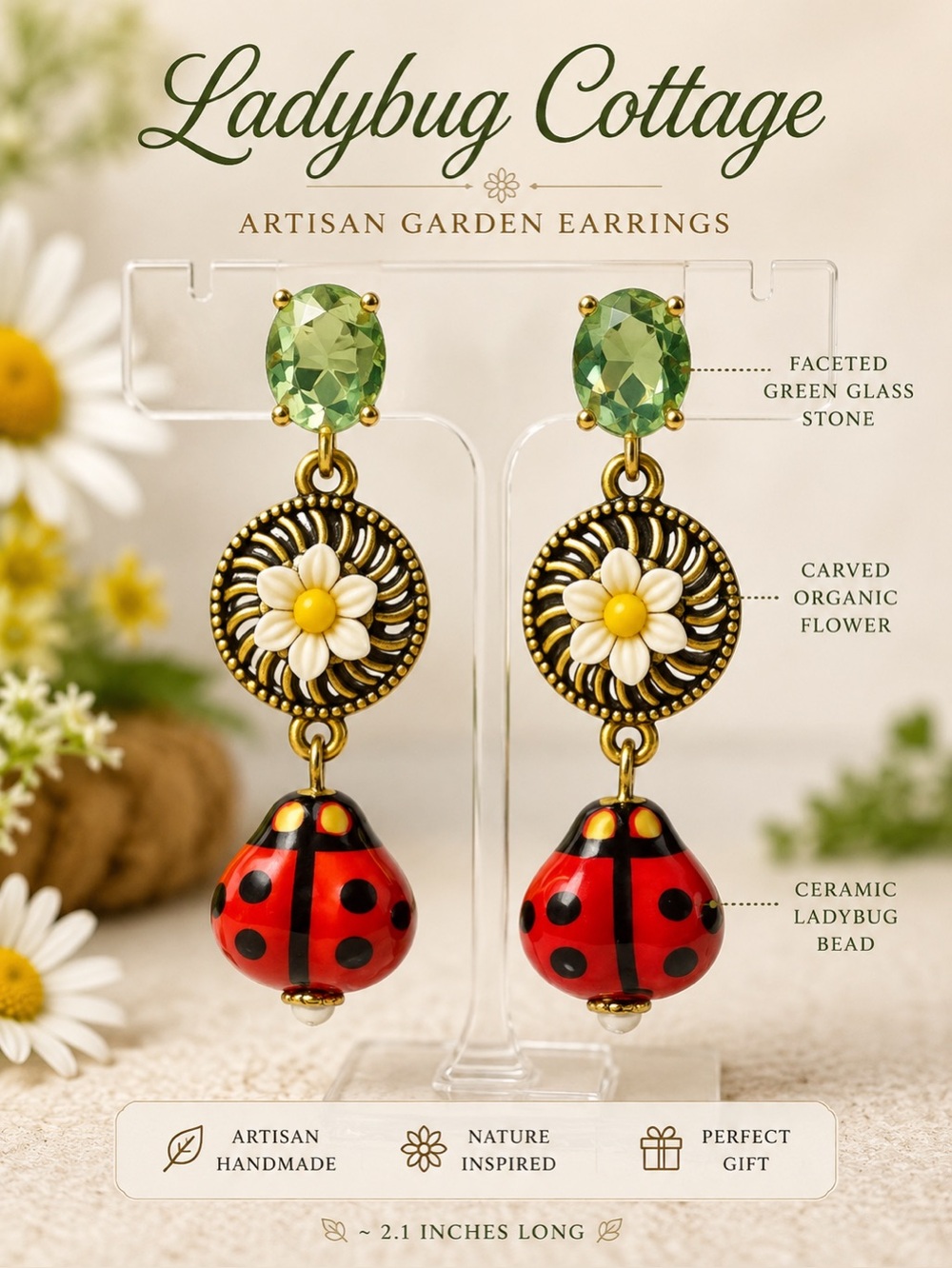 “Ladybug Cottage” | Artisan Ceramic Ladybug Earrings